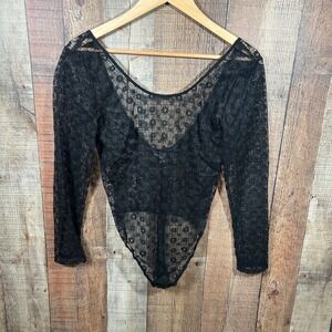 Victoria's Secret Black Floral Lace Long Sleeve Bodysuit Sheer Cotton M/L Gothic